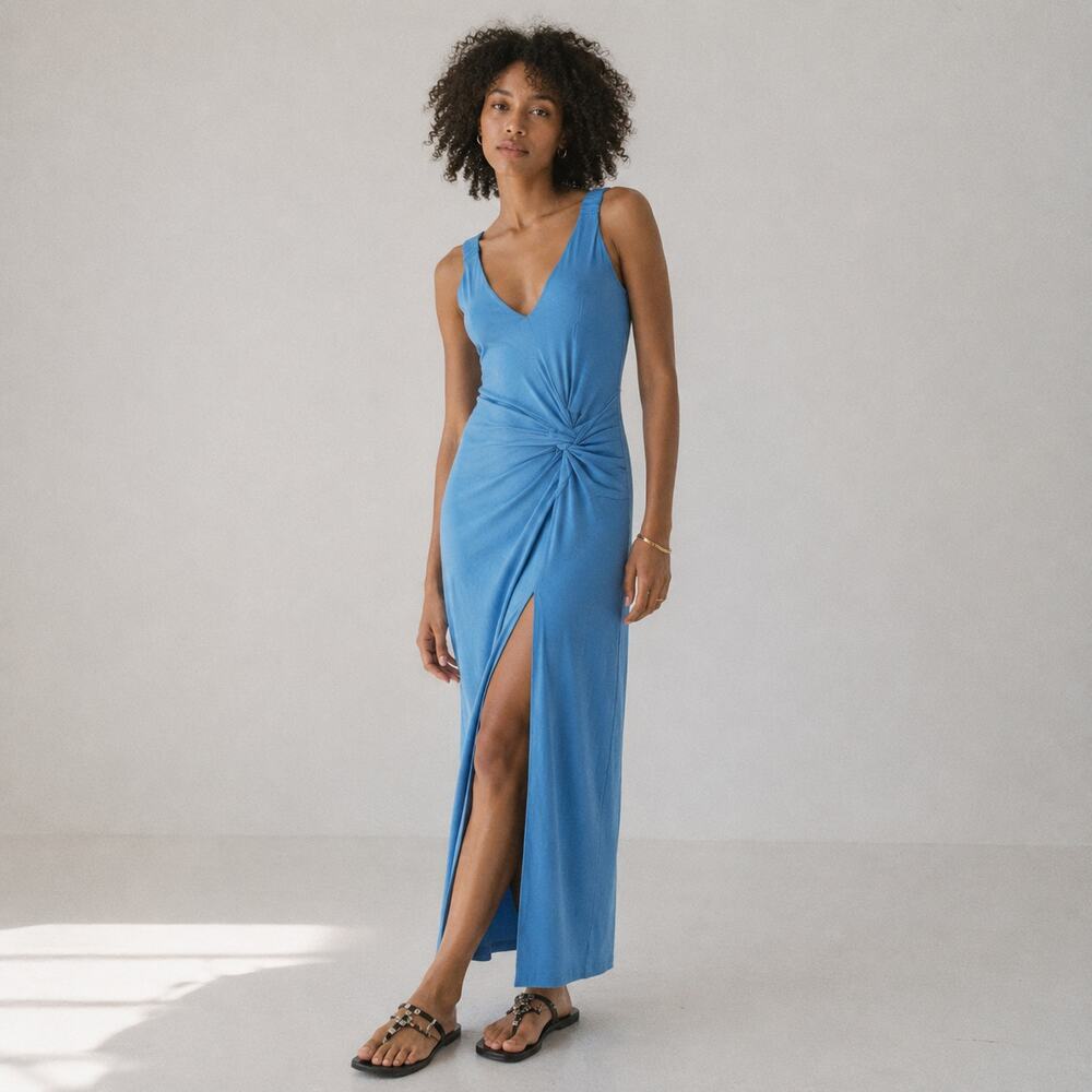 Rebecca Taylor Twist Modal Front Maxi Dress Womens M Blue Sleeveless V-neck NWT